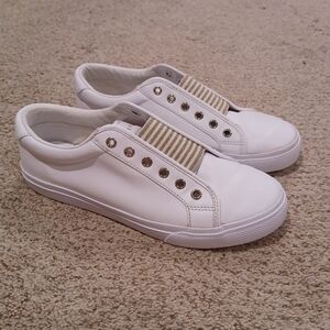 Tommy Hilfiger White Slip-On Sneakers with Gold Elastic Accent Womens Size 7.5
